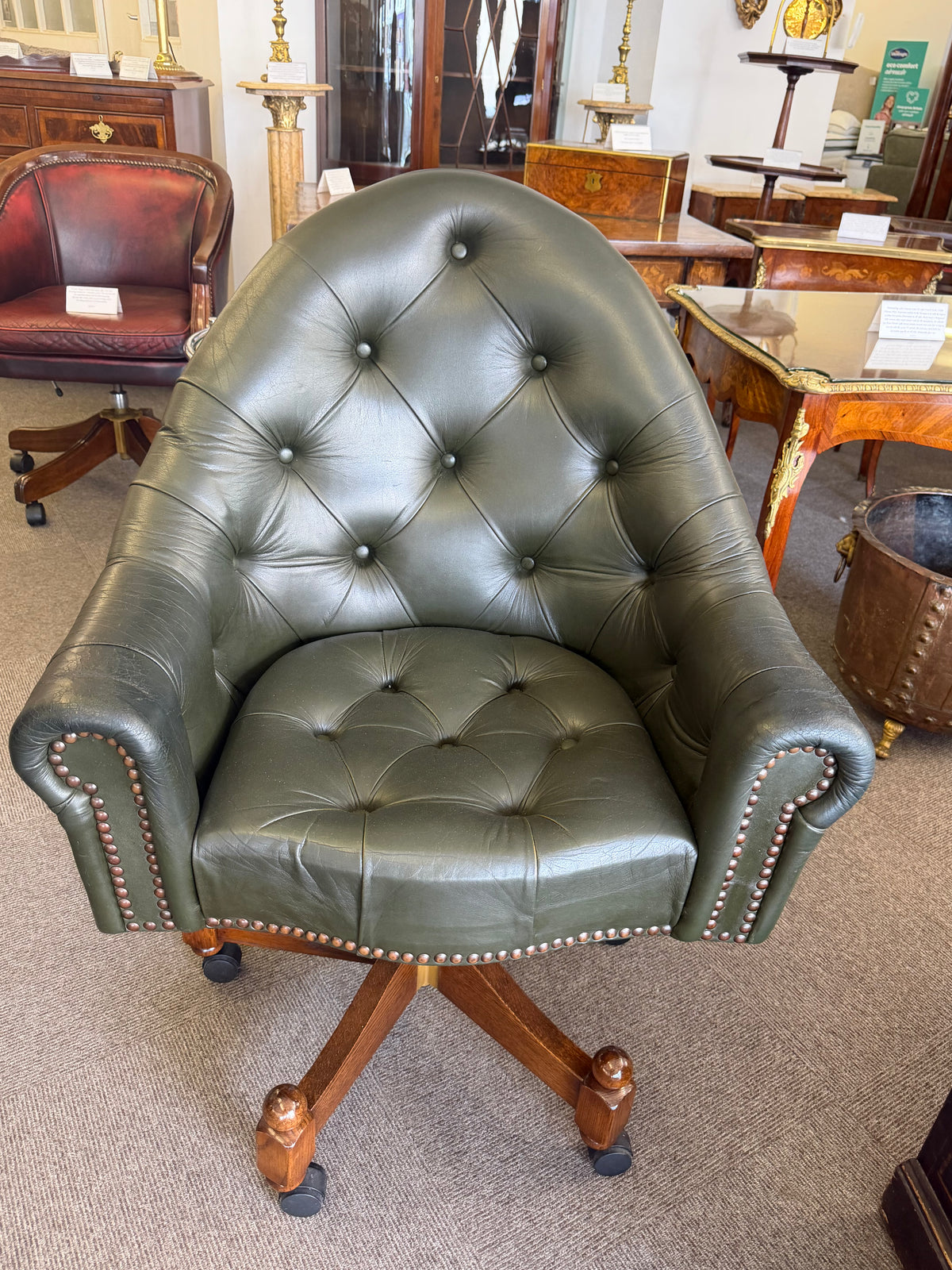 Deep Buttoned Green Leather Directors Chair
