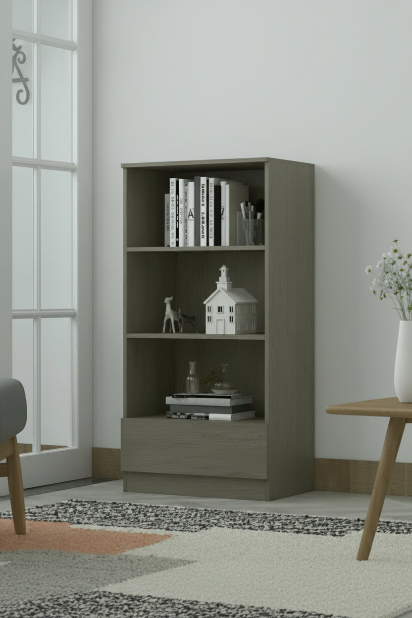 3 Shelf Bookcase 120cm With Bottom Drawer – Rustic Oak
